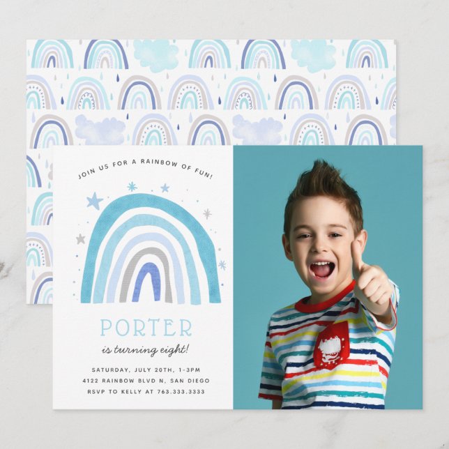 Modern Blue Rainbow Kids Birthday Party Photo  Invitation (Front/Back)