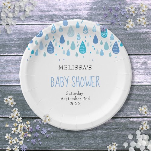 Modern Blue Raindrops Baby Boy Shower Sprinkle Paper Plates