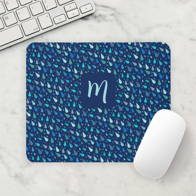 Modern blue raindrops monogram mouse pad (Modern blue water drops rainfall mouse pad with custom monogram or initial)