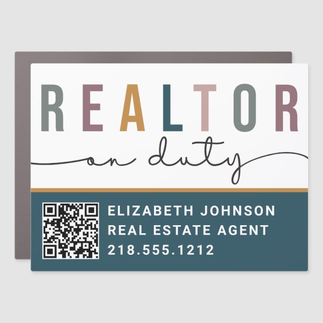 Modern Blue Realtor on Duty Realty Custom QR Code Car Magnet (Front)