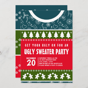 Modern Blue Red and Green Ugly Sweater Xmas Party Invitation