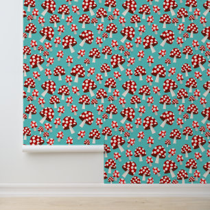 Modern, blue, red and white, funky mushroom  wallpaper 