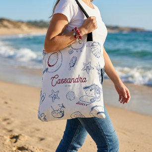 Modern Blue & Red Beach Summer Birthday Favor Tote Bag