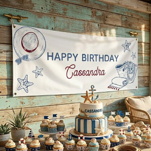 Modern Blue & Red Beach Summer Happy Birthday Banner