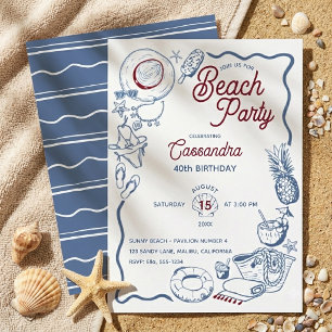 Modern Blue & Red Beach Summer Milestone Birthday Invitation