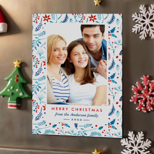 Modern Blue Red Berries Pattern Christmas Photo