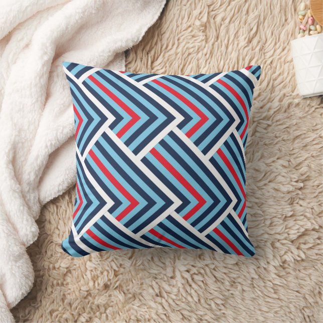 Modern Blue & Red Chevron Pattern Throw Pillow (Blanket)