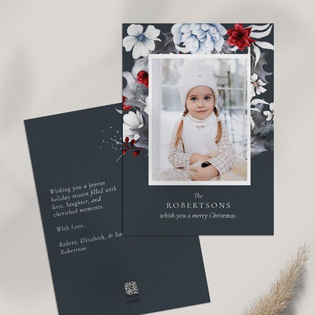 Modern Blue Red Christmas Botanical Greetings Card (Blue Red White Holiday Botanical Christmas Card on white table.)