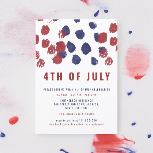 Modern blue red dots watercolor 4th of July Invitation