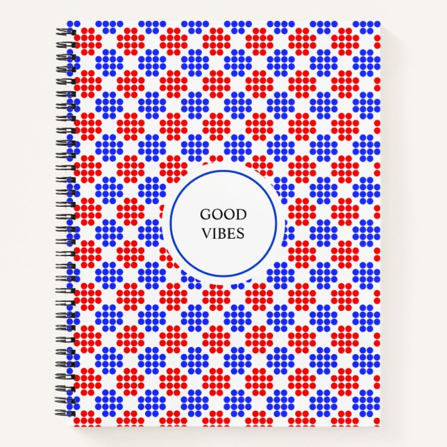 Modern Blue Red Dotted Diamonds on White Notebook (Front)