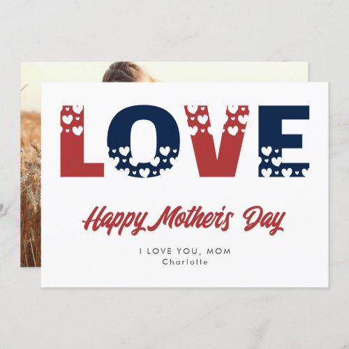 Modern Blue Red Hearts Photo Mothers Day Card