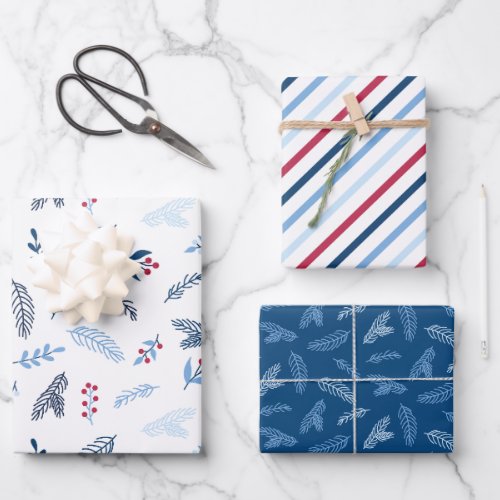 Modern Blue  Red Holiday Berry Wrapping Paper