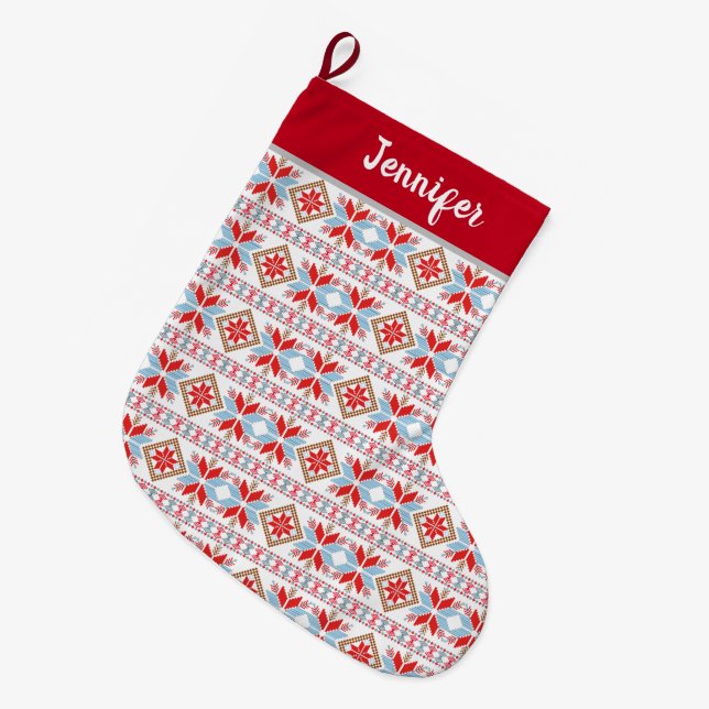 Modern Blue Red Nordic Pattern Large Christmas Stocking (Front (Hanging))