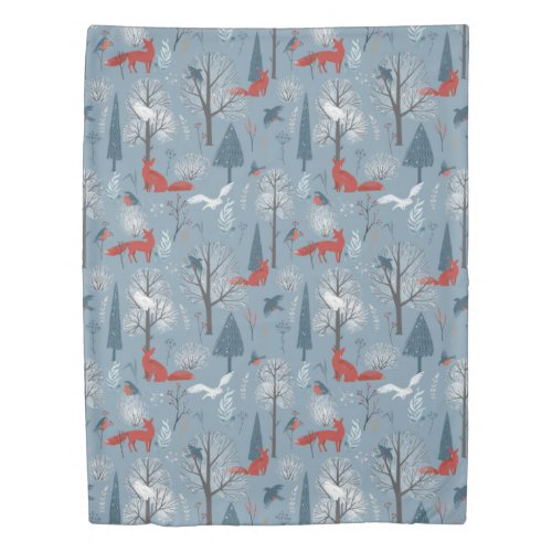 Modern Blue Red Nordic Winter Foxes Birds Pattern Duvet Cover