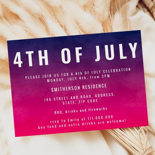 Modern blue red ombre watercolor 4th of July Invitation