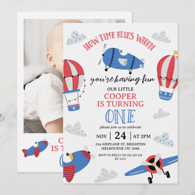 Modern Blue Red Photo How Time Flies 1st Birthday Invitation (Front/Back)