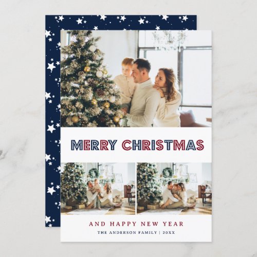 Modern Blue Red Snow Stars Photo Collage Holiday Card