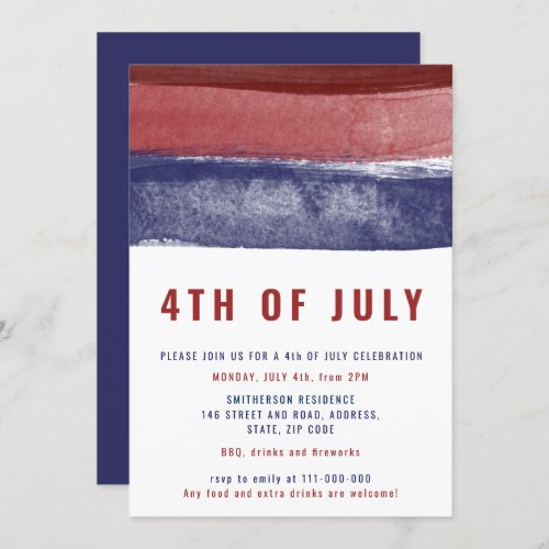 Modern blue red stripes watercolor 4th of July Invitation