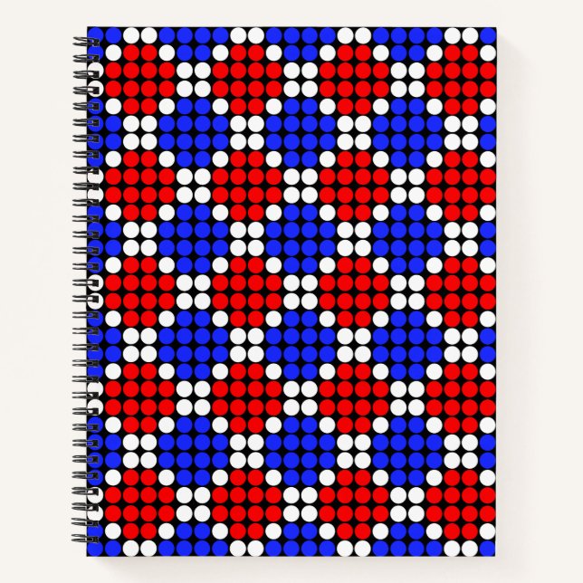 Modern Blue Red White Dotted Diamonds on Black Notebook (Front)