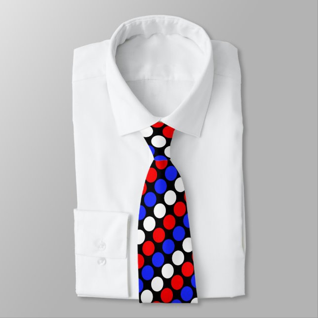 Modern Blue Red White Dotted Stripes on Black  Neck Tie (Tied)