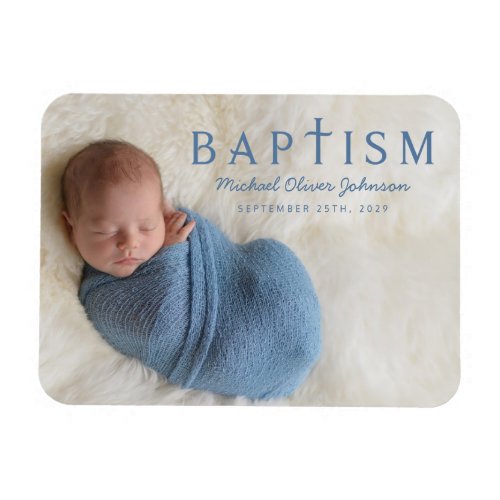 Modern Blue Religious Cross Boy Baptism Photo Magnet