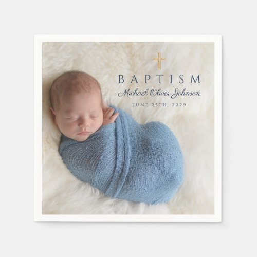 Modern Blue Religious Cross Boy Baptism Photo Napkins