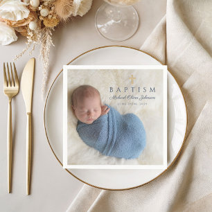Modern Blue Religious Cross Boy Baptism Photo Napkins