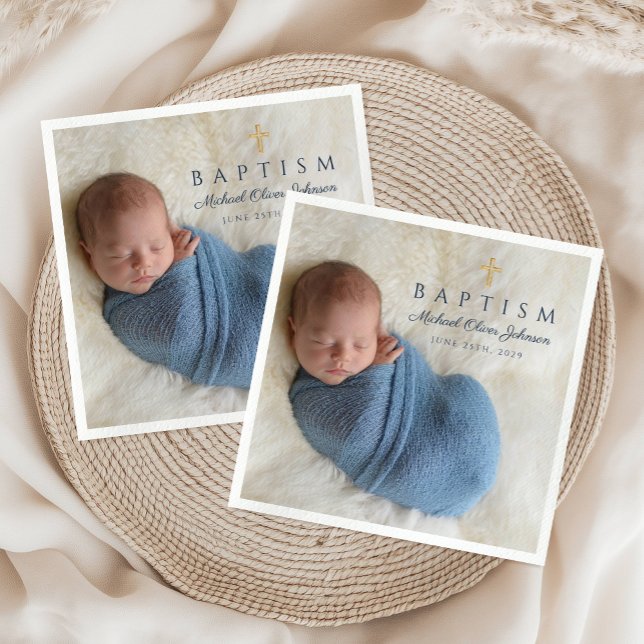 Modern Blue Religious Cross Boy Baptism Photo Napkins (Modern Blue Religious Cross Boy Baptism Photo Napkins)