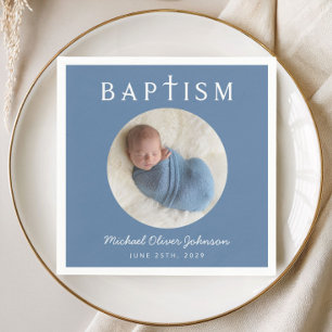 Modern Blue Religious Cross Photo Baptism Napkins