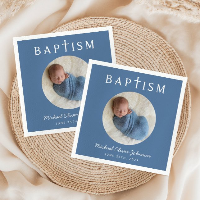 Modern Blue Religious Cross Photo Baptism  Napkins (Modern Blue Religious Cross Photo Baptism Napkins)