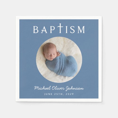 Modern Blue Religious Cross Photo Baptism  Napkins