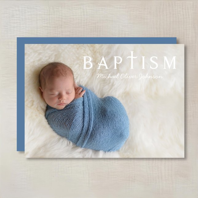 Modern Blue Religious Cross Photo Boy Baptism  Invitation (Modern Blue Religious Cross Photo Boy Baptism Invitation)