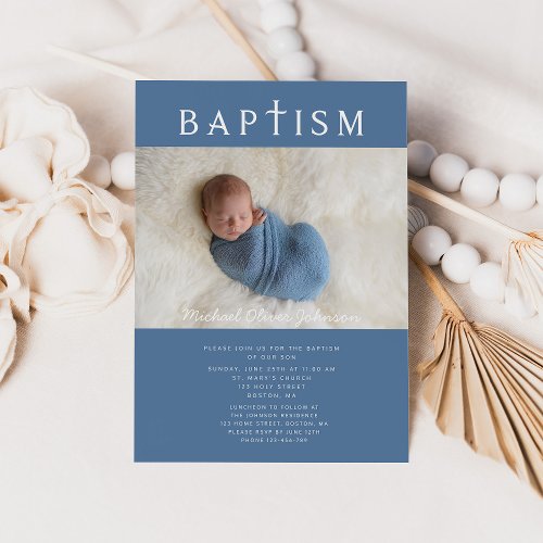 Modern Blue Religious Cross Photo Boy Baptism Invitation
