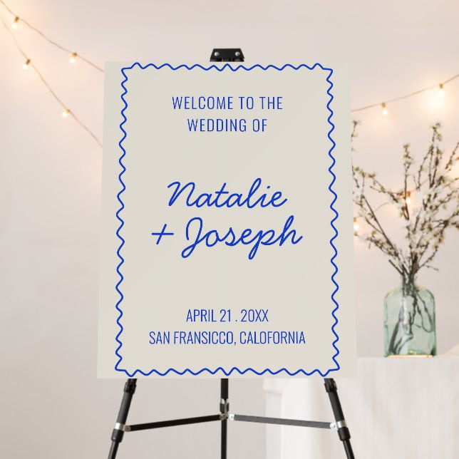 Modern Blue Retro Frame Bold Fun Wedding Welcome  Foam Board (In Situ (Stand))