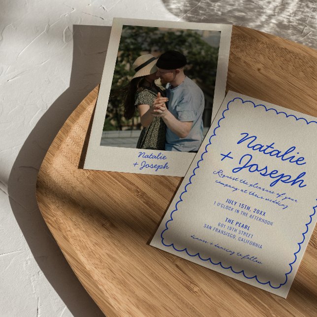 Modern Blue Retro Fun Whimsical Photo Wedding Invitation (Creator Uploaded)
