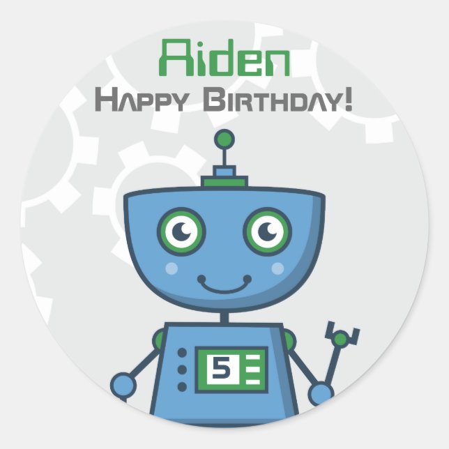 Modern Blue Robot Boys Birthday Party Classic Round Sticker (Front)