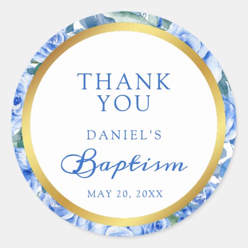 Modern Blue Rose Baptism Thank You  Classic Round Sticker