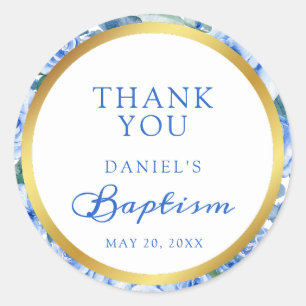 Modern Blue Rose Baptism Thank You Classic Round Sticker