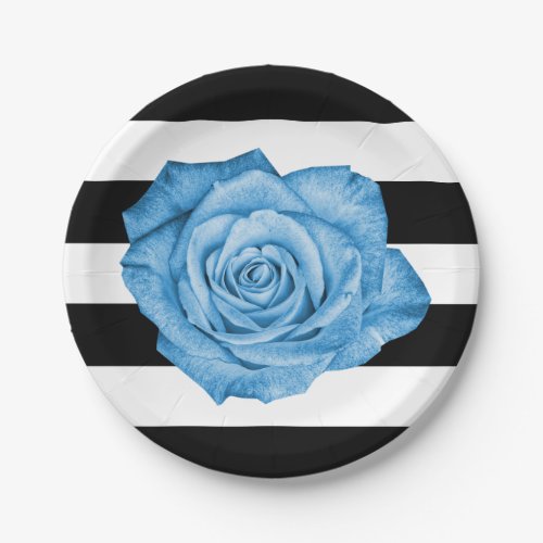 Modern Blue Rose Black White Striped Wedding Party Paper Plates