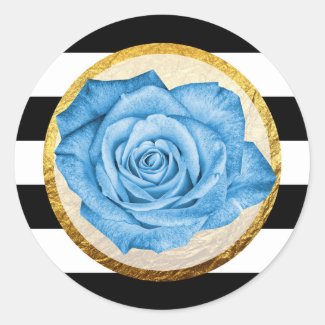 Modern Blue Rose Faux Gold Foil Striped Wedding Classic Round Sticker