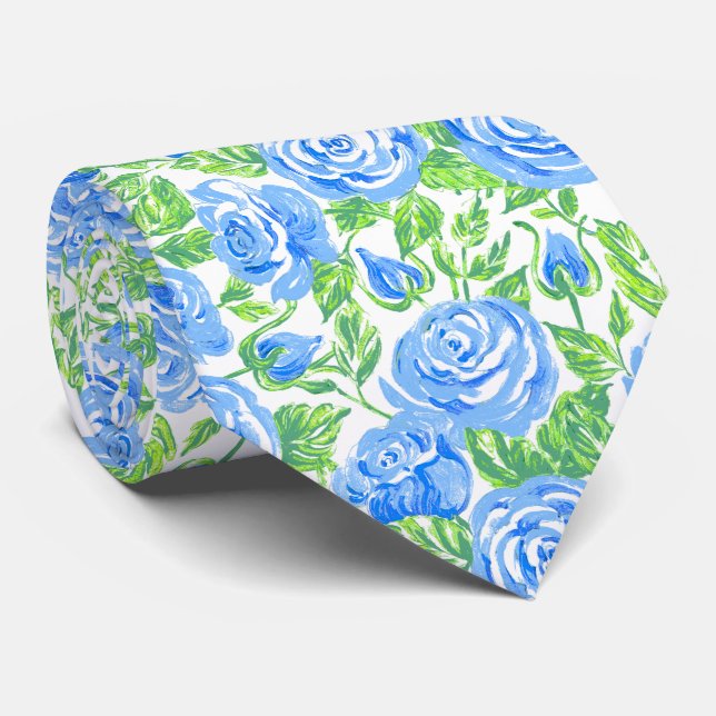 Modern Blue Rose Floral Pattern Wedding Neck Tie (Rolled)