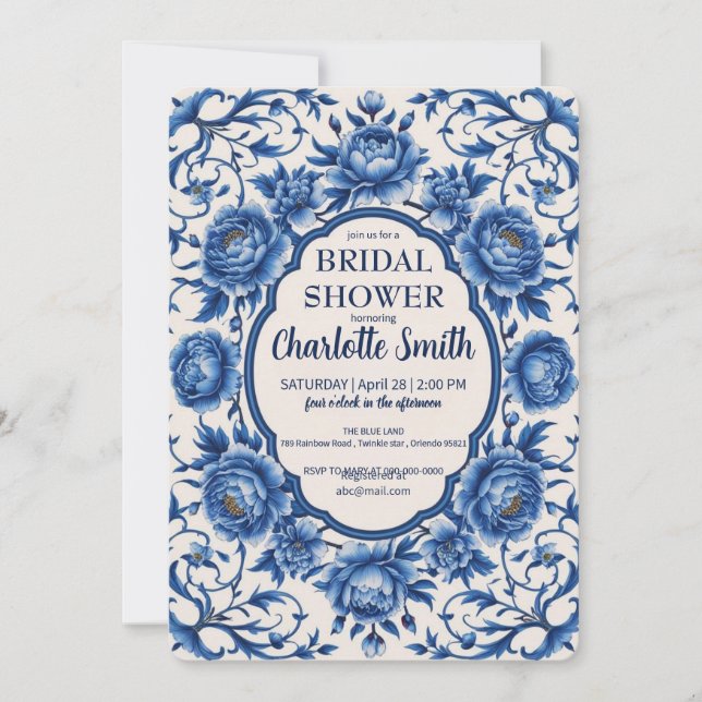 Modern Blue  Rose Flower antique bridal shower Invitation (Front)
