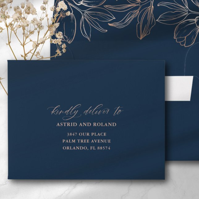 Modern Blue & Rose Gold Foliage RSVP Wedding Envelope (Creator Uploaded)