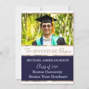 Modern Blue Rose Gold Photo Graduation Invitation