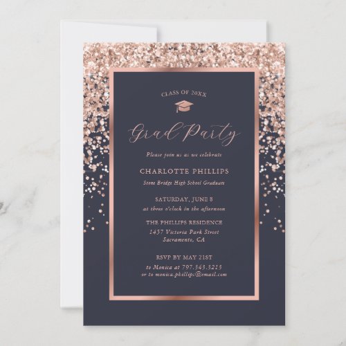 Modern Blue Rose Gold Script Photo Grad Party Invitation