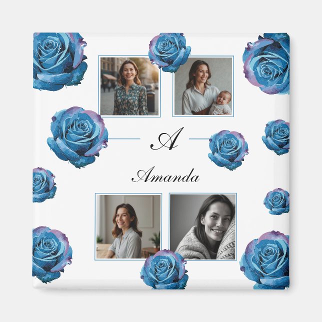 Modern Blue Rose Monogram Photo Collage Custom Mom Magnet (Front)