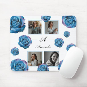 Modern Blue Rose Monogram Photo Collage Custom Mom Mouse Pad