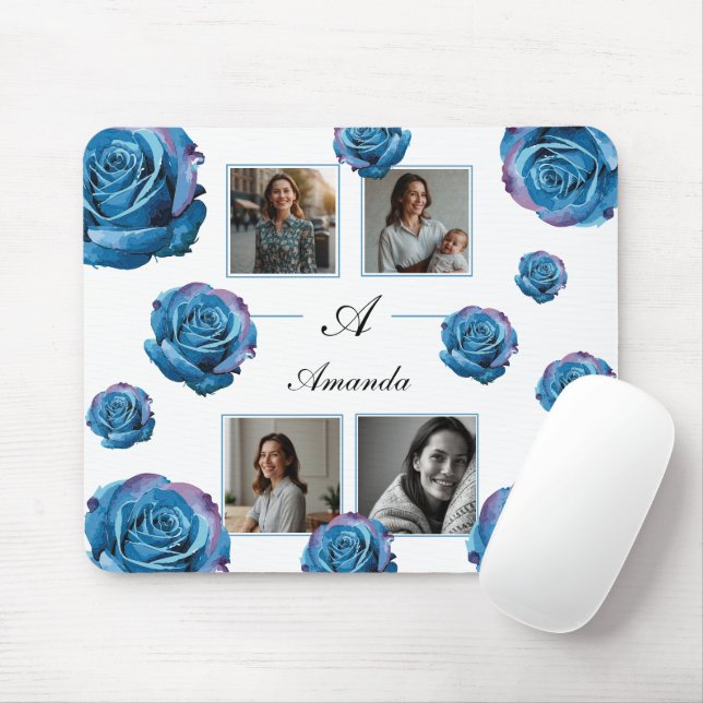 Modern Blue Rose Monogram Photo Collage Custom Mom Mouse Pad (With Mouse)