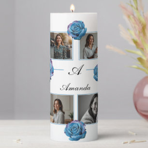Modern Blue Rose Monogram Photo Collage Custom Mom Pillar Candle