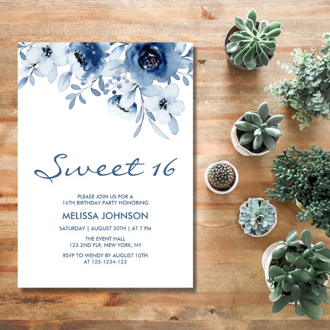 Modern Blue Roses Floral Greenery 16h Birthday Invitation (Creator Uploaded)
